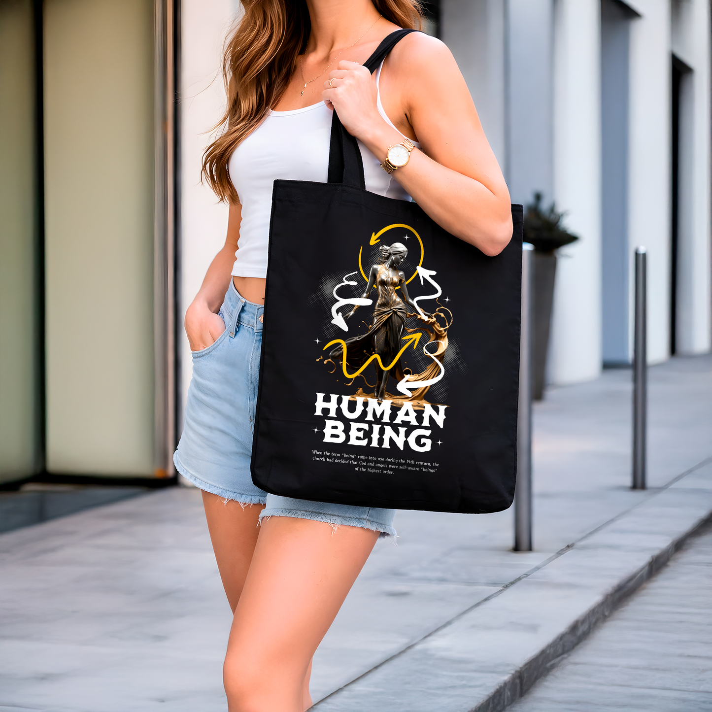 Sac tote noir « Human Being » – Art symbolique doré en coton épais