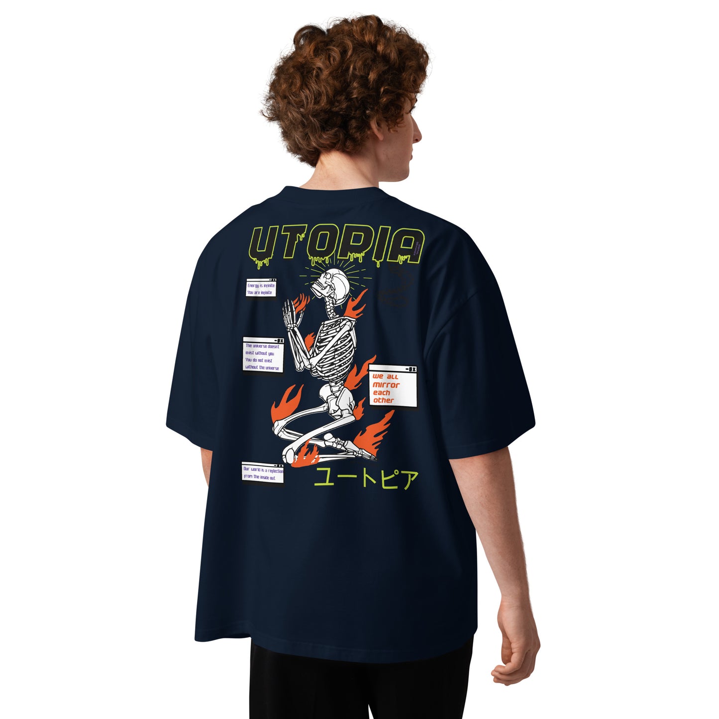 T-shirt oversize Utopia bleu marine dos - squelette en flammes