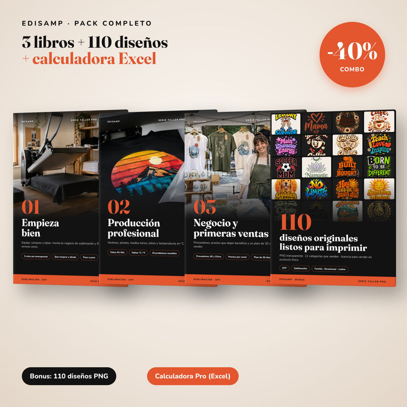Pack complet EDISAMP : 3 ebooks sublimation et DTF, 110 designs PNG et calculateur Excel, -40 %