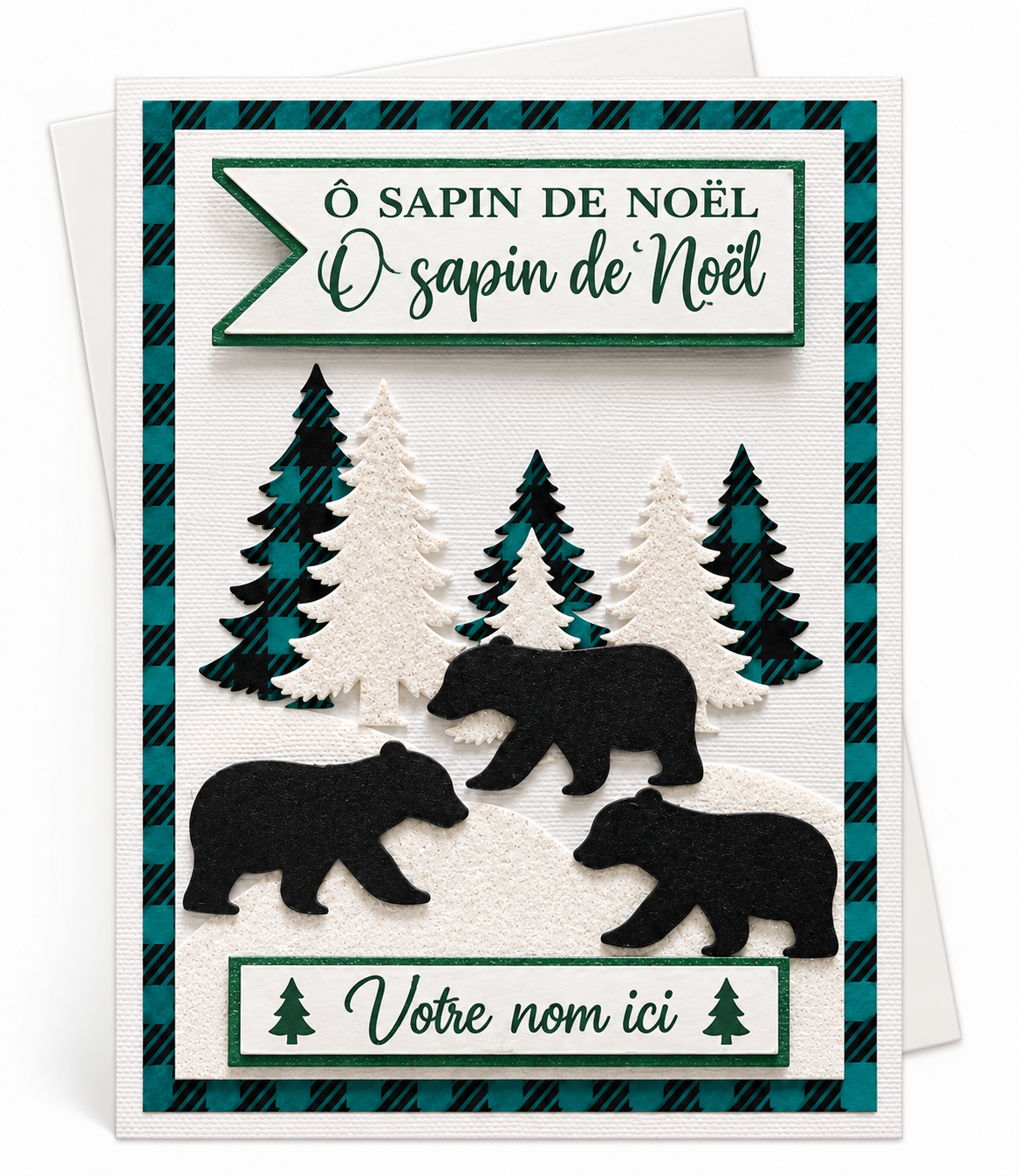 Carte de Noël ours et sapins personnalisée, prénom écrit sur l'étiquette en bas