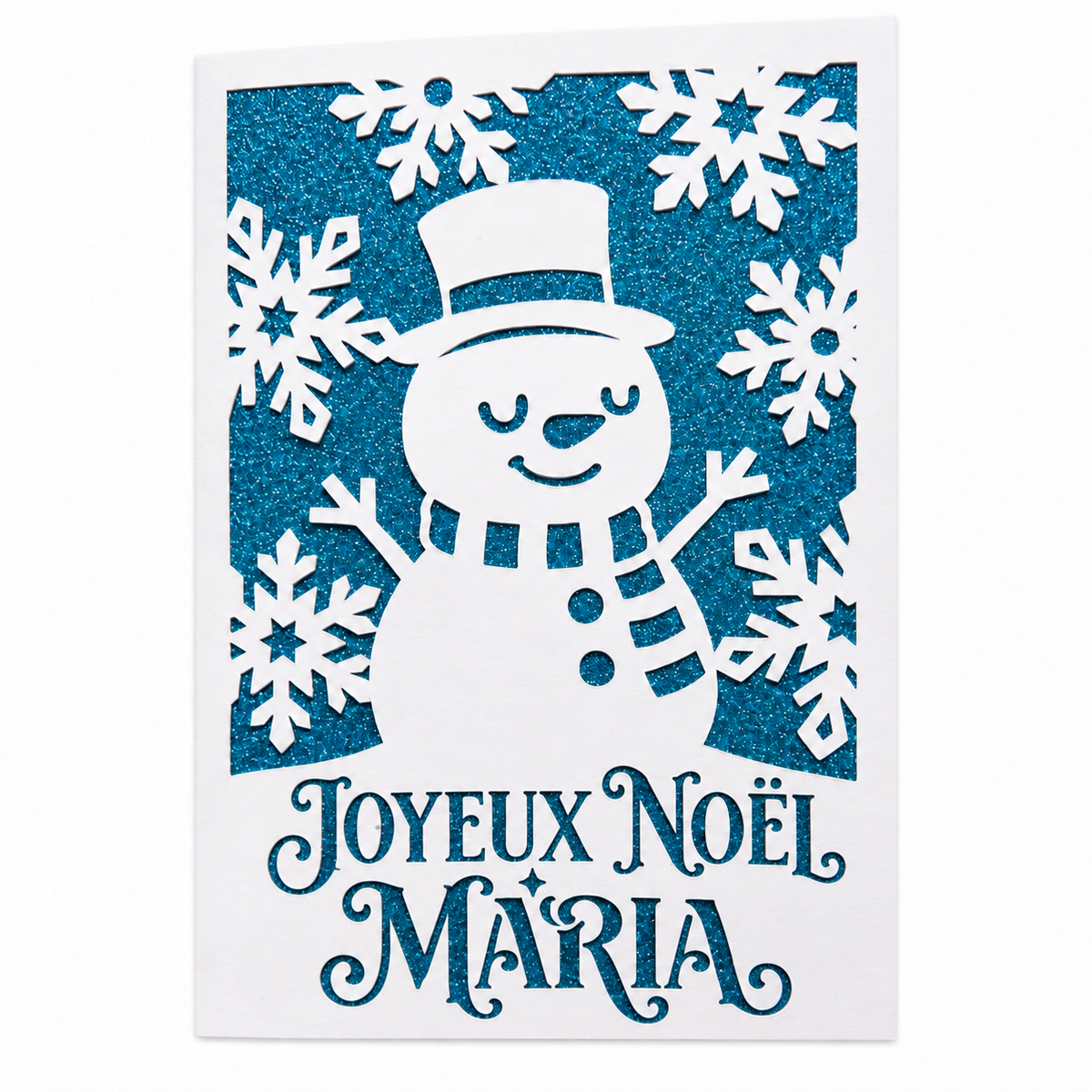Carte de Noël bonhomme de neige personnalisée, prénom écrit sous Joyeux Noël en bas de la carte