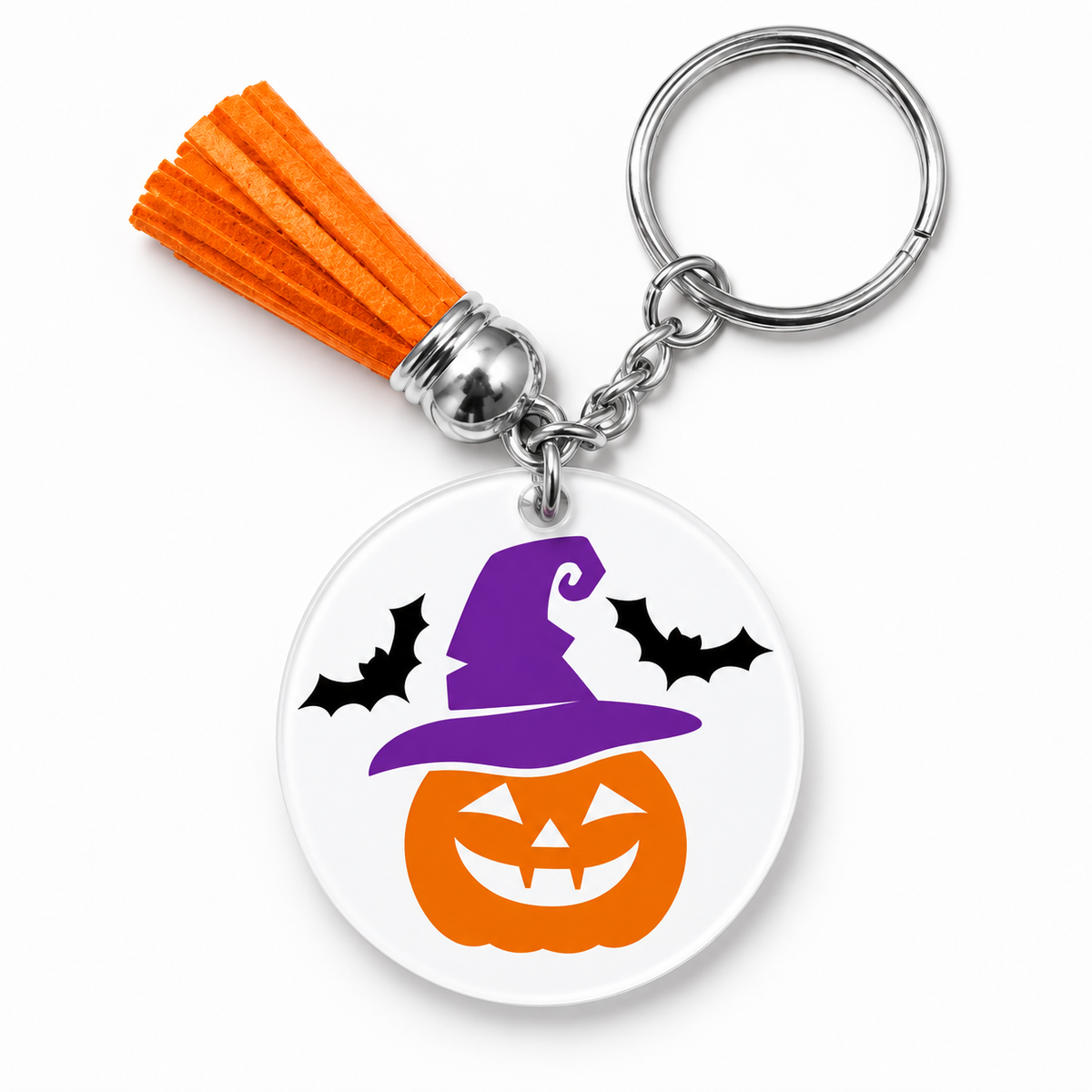 Porte-clés Halloween citrouille avec chapeau de sorcière violet et chauves-souris, pompon orange