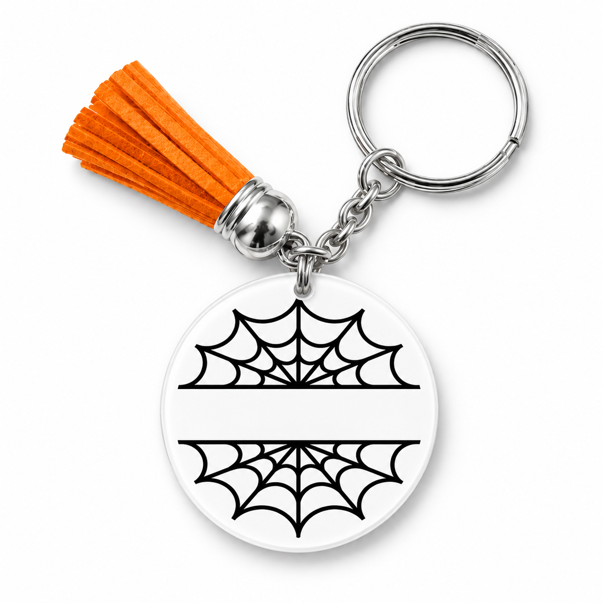 Porte-clés Halloween cadre toile d'araignée noire avec pompon orange