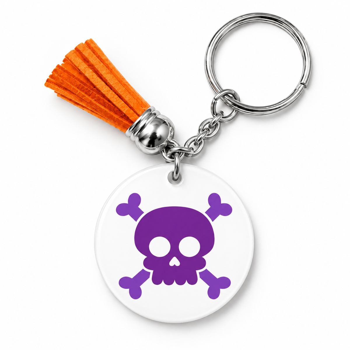 Porte-clés Halloween tête de mort violette avec pompon orange