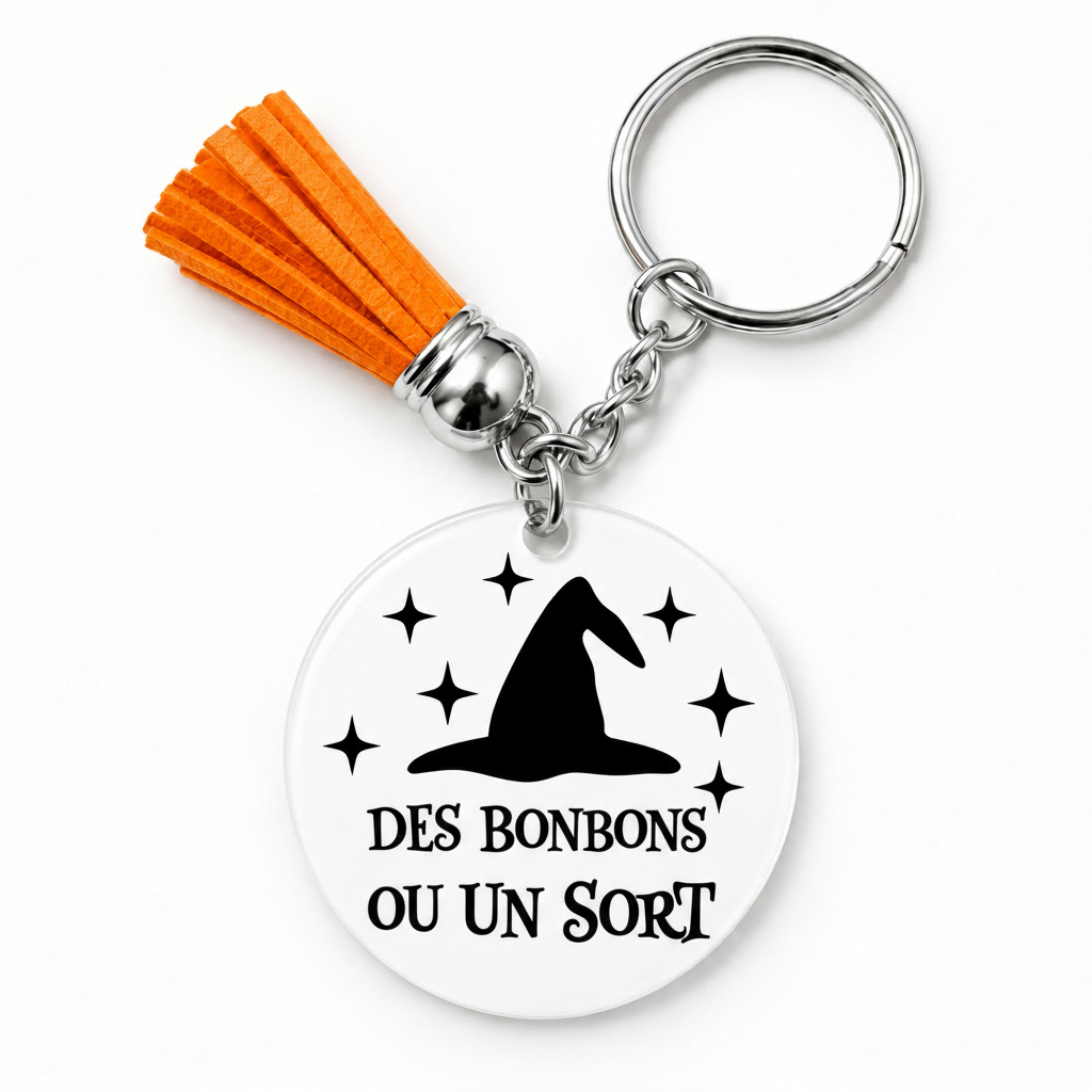 Porte-clés Halloween Trick or Treat chapeau de sorcière avec pompon orange