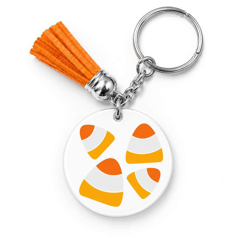 Porte-clés Halloween blanc motif bonbons candy corn avec pompon orange – EDISAMP