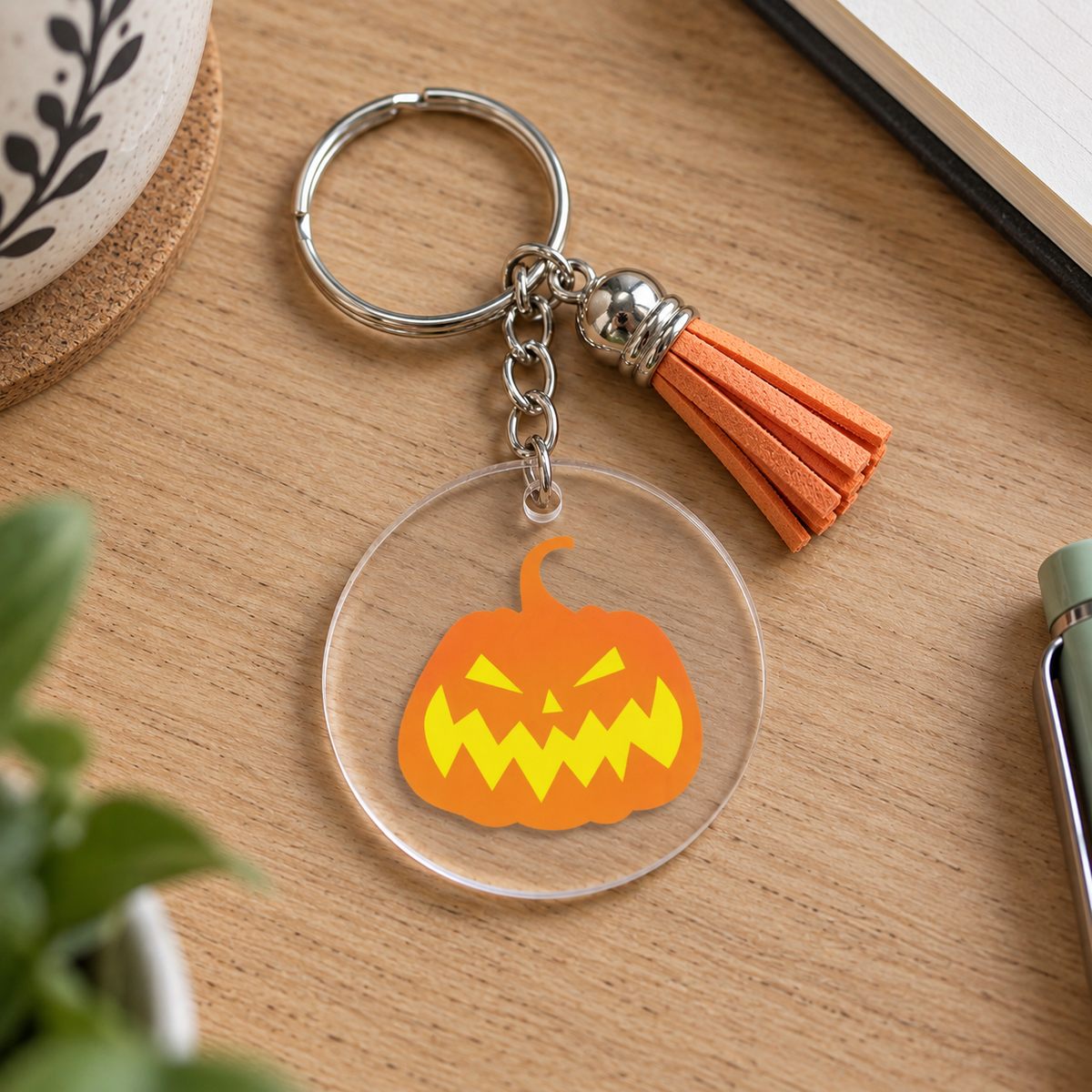 Porte-clés Halloween citrouille orange en acrylique avec pompon orange