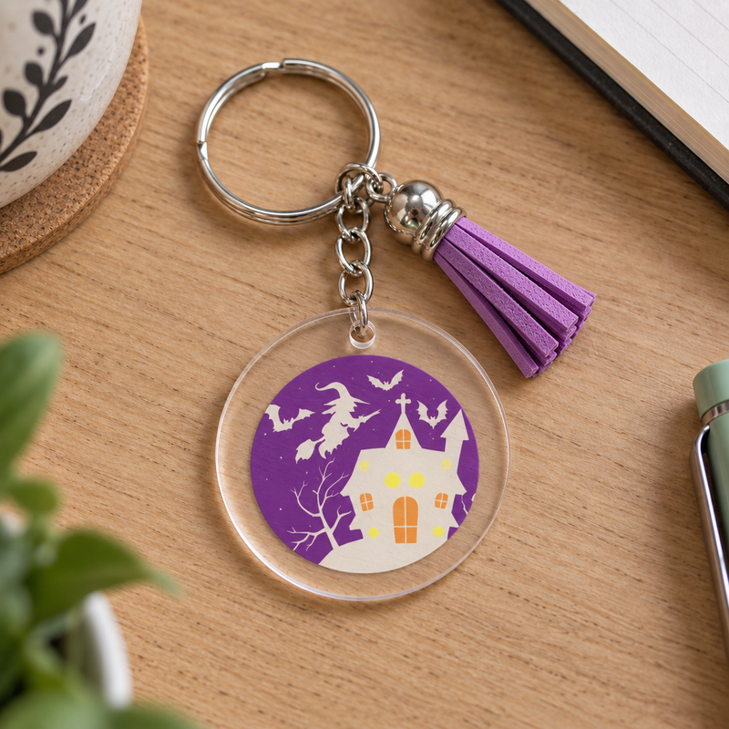 Porte-clés Halloween acrylique transparent maison hantée avec sorcière et chauves-souris, pompon violet – EDISAMP