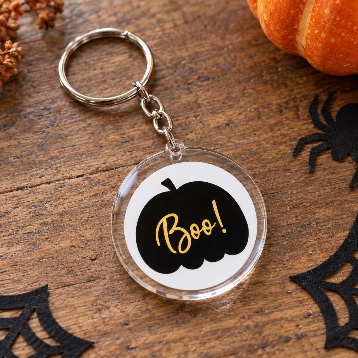 Porte-clés Halloween rond en acrylique citrouille noire Boo doré