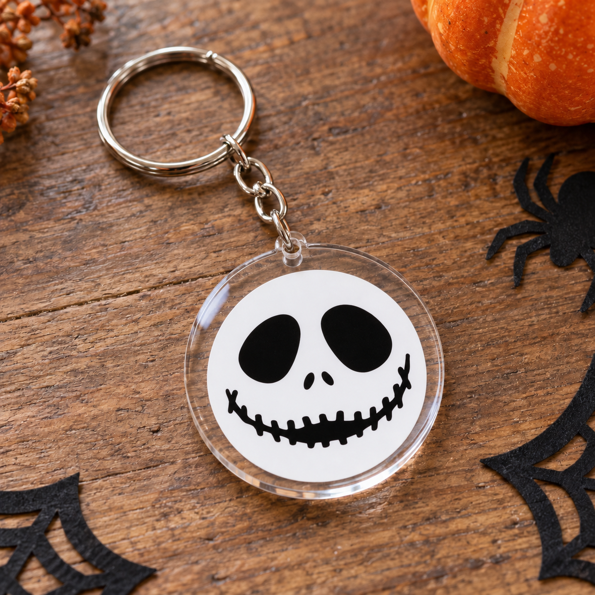 Porte-clés Halloween rond en acrylique visage de squelette noir et blanc
