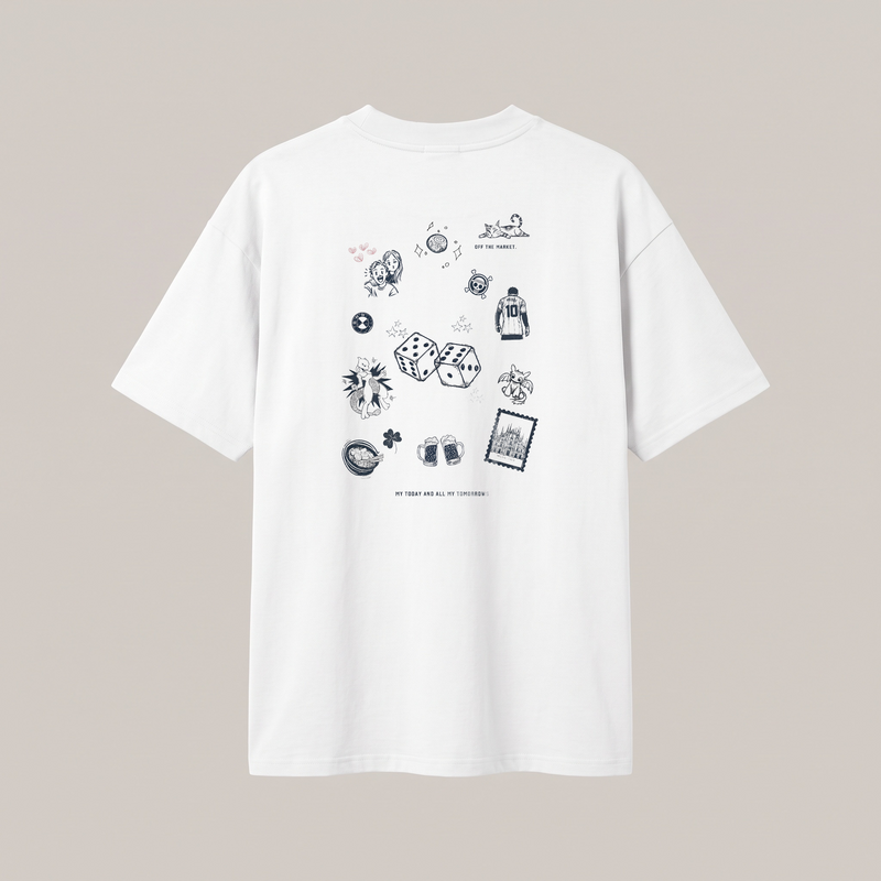 T-shirt blanc personnalisé vue de dos - collage de dessins souvenirs et phrase My Today and All My Tomorrows