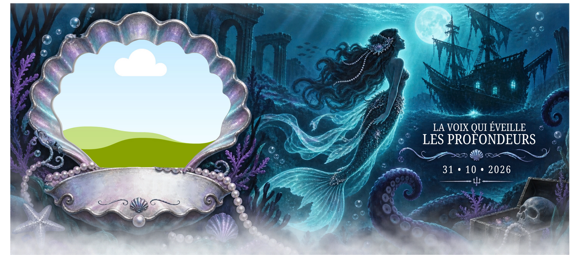 Design complet de la tasse Halloween - sirène, kraken et navire fantôme avec médaillon en coquillage pour la photo et la date