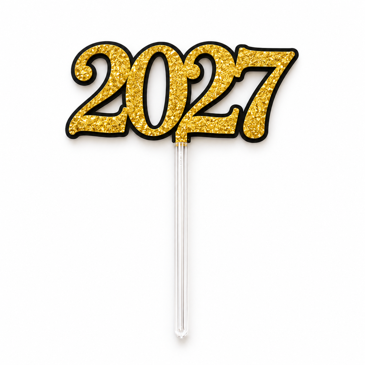 Pic à gâteau Nouvel An doré avec les chiffres 2027 en relief pailleté