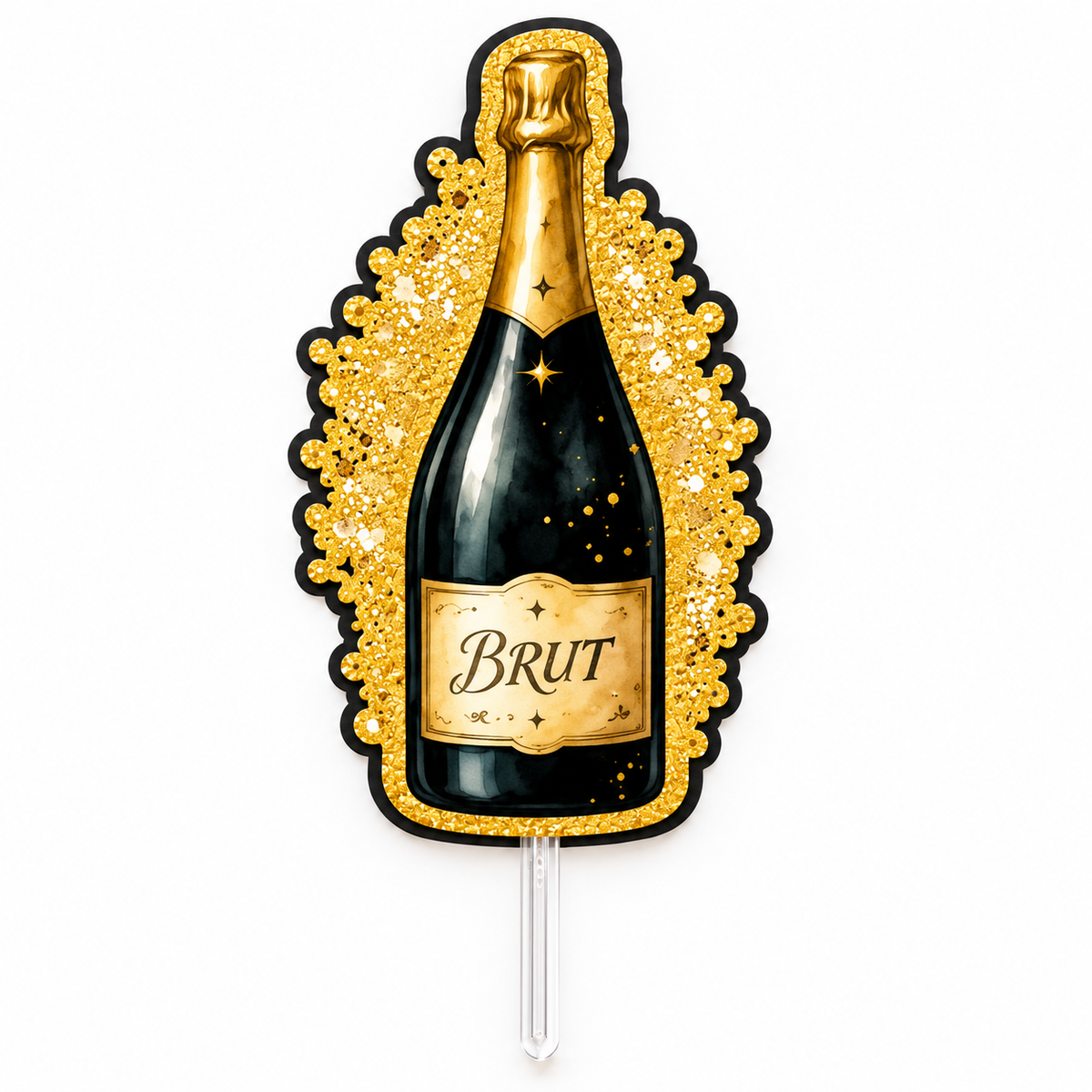 Pic à gâteau bouteille de champagne noire et dorée pour le réveillon