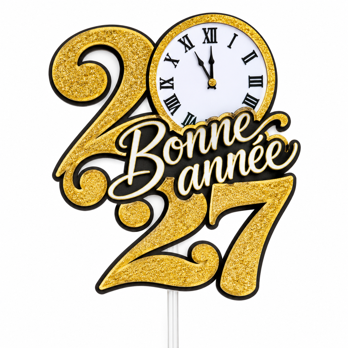 Pic à gâteau 2027 avec grande horloge de minuit dorée