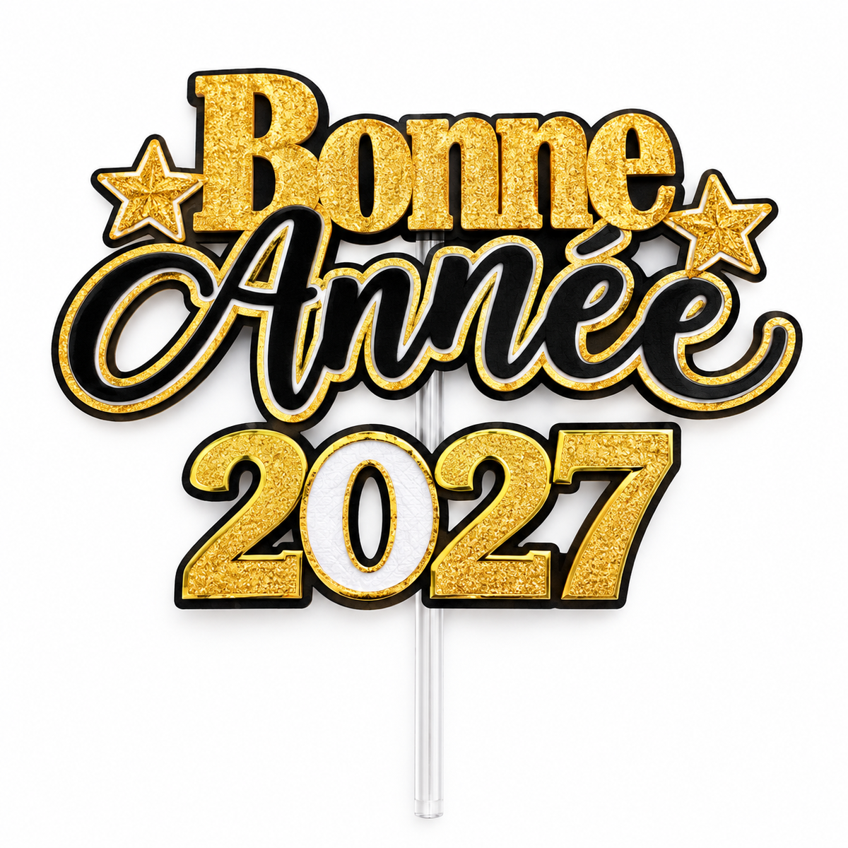 Pic à gâteau Bonne Année 2027 lettrage doré classique sur carton noir