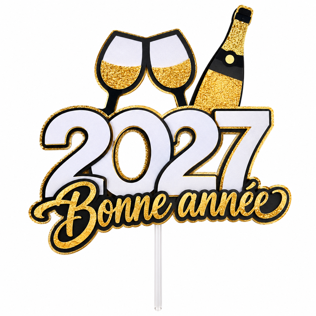 Pic à gâteau 2027 Bonne année avec bouteille penchée sur deux coupes