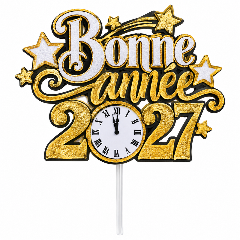 Pic à gâteau Bonne Année 2027 doré avec horloge de minuit et étoiles filantes