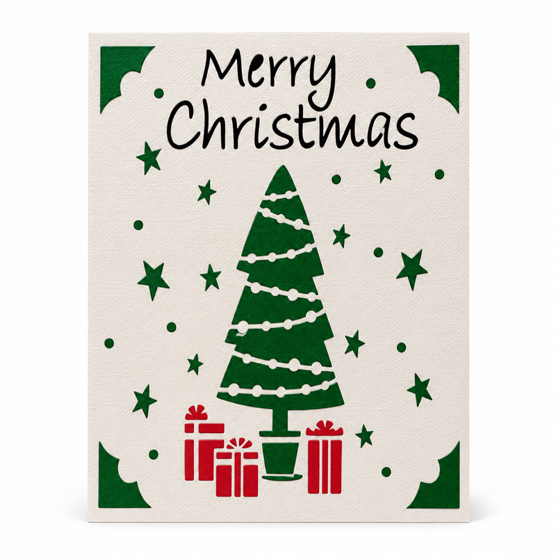 Carte de vœux de Noël Merry Christmas avec sapin, cadeaux et bordure décorative