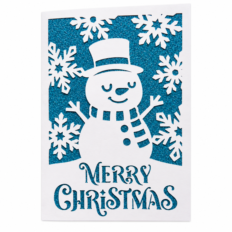 Carte de Noël bleu et blanc avec bonhomme de neige, chapeau, écharpe et flocons, message Merry Christmas