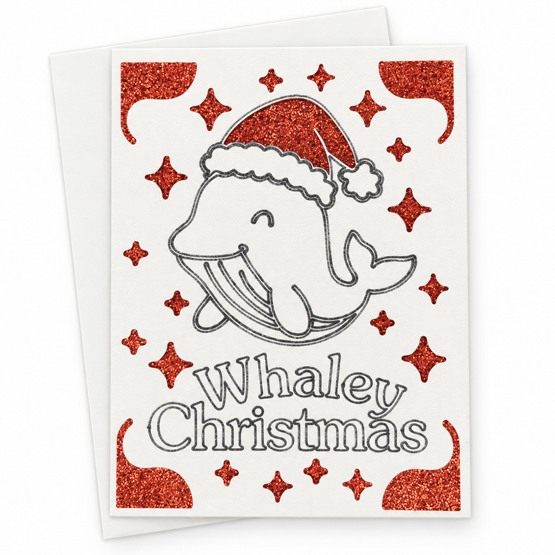 Carte de Noël drôle Whaley Christmas avec une baleine au bonnet de Père Noël et étoiles rouges pailletées