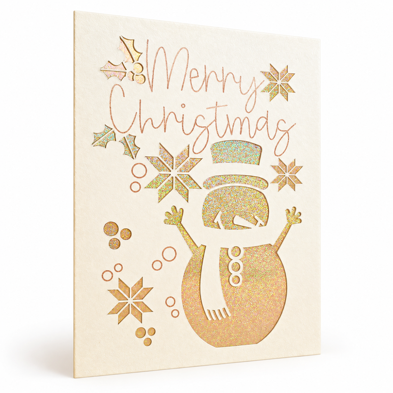 Carte de Noël Merry Christmas avec bonhomme de neige en papier irisé sur fond ivoire