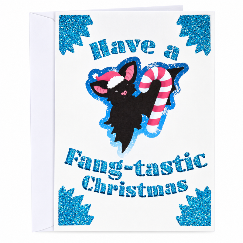 Carte de Noël originale Have a Fang-tastic Christmas avec chauve-souris et sucres d'orge pailletés