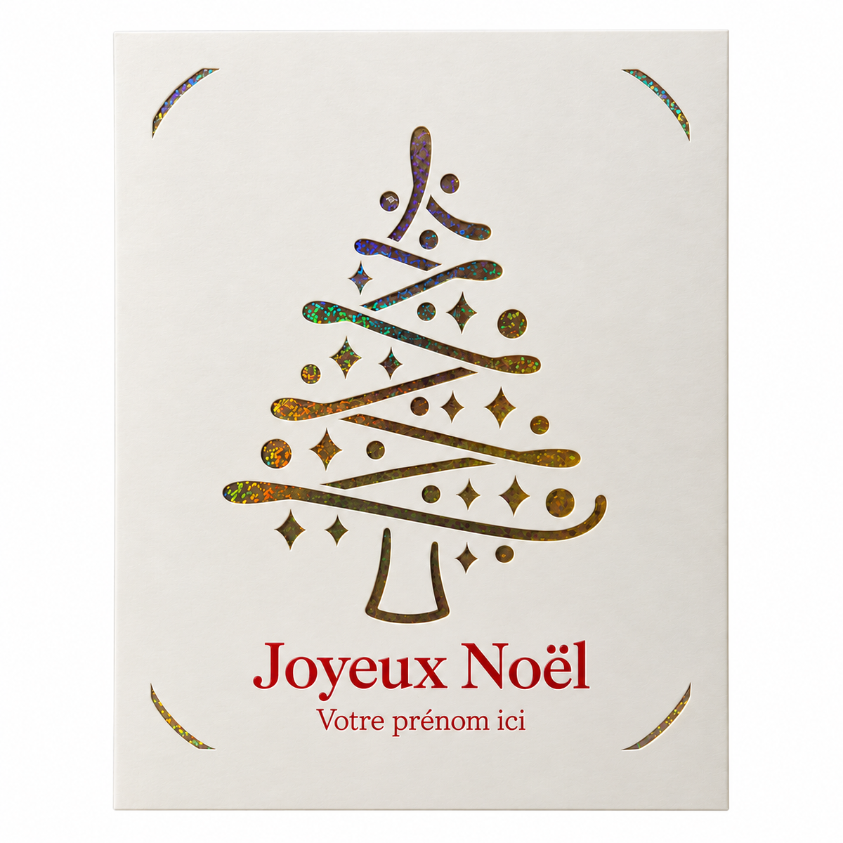 Carte de Noël Joyeux Noël personnalisée avec un prénom, sapin holographique
