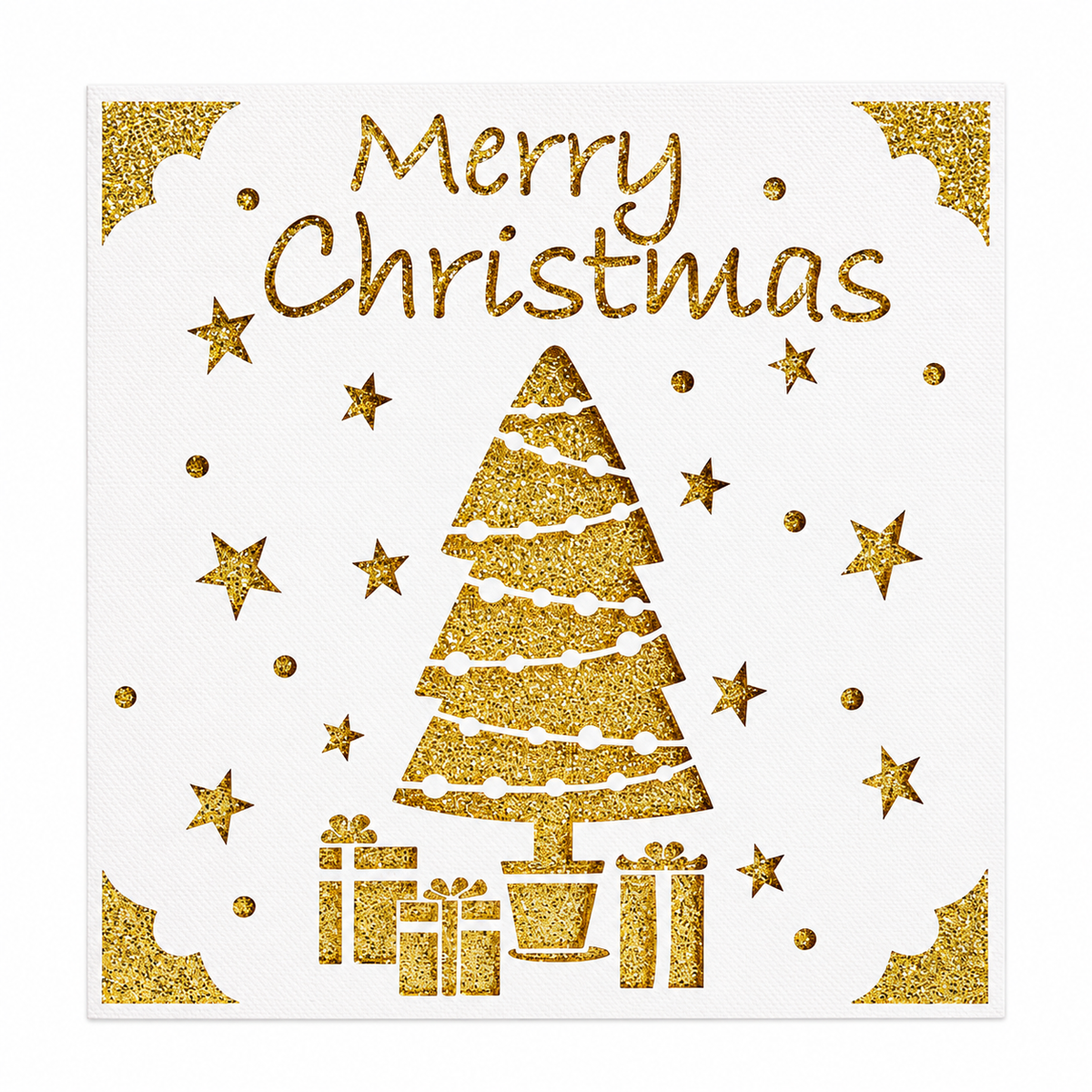 Carte de Noël dorée Merry Christmas avec sapin, cadeaux et étoiles sur fond blanc