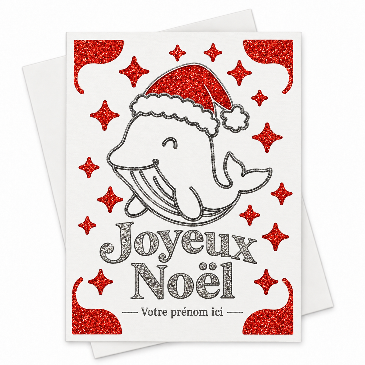 Carte de Noël baleine Joyeux Noël personnalisée avec un prénom écrit en bas