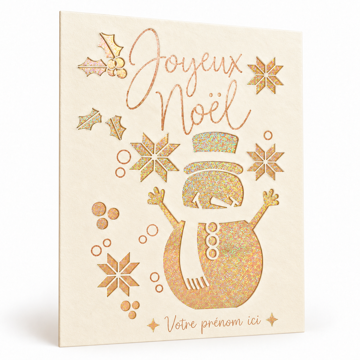 Carte de Noël Joyeux Noël personnalisée avec un prénom, bonhomme de neige irisé