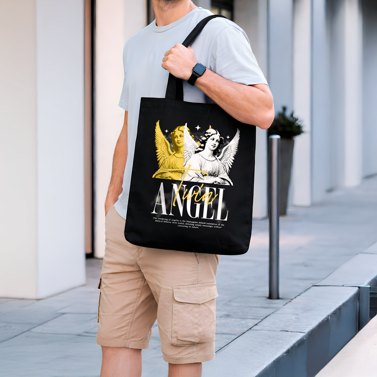 Bolsa Tote Bag Negra “Twin Angel” – Diseño Ángeles Dorado y Blanco
