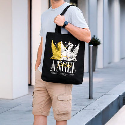 Bolsa Tote Bag Negra “Twin Angel” – Diseño Ángeles Dorado y Blanco