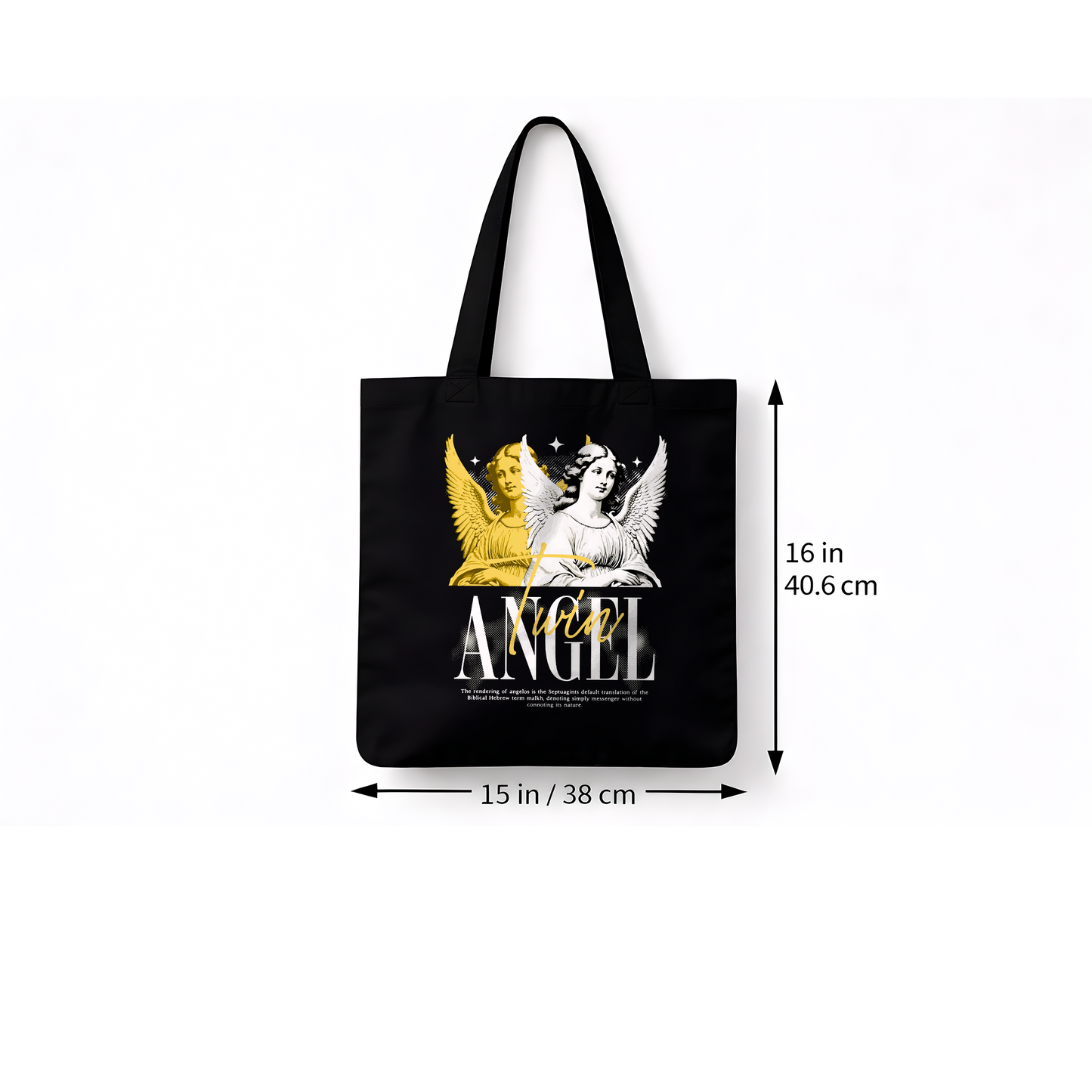 Bolsa Tote Bag Negra “Twin Angel” – Diseño Ángeles Dorado y Blanco