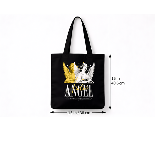 Bolsa Tote Bag Negra “Twin Angel” – Diseño Ángeles Dorado y Blanco