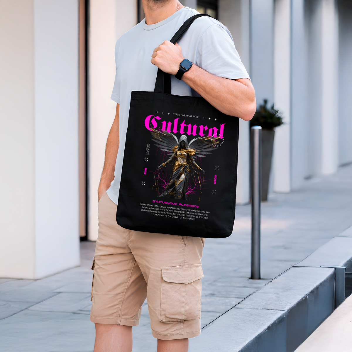 Sac Tote Bag Noir “Cultural Angel” – Tote Bag Streetwear Premium en Coton