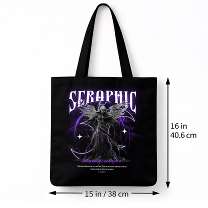 Tote bag noir Seraphic – ange sombre violet coton