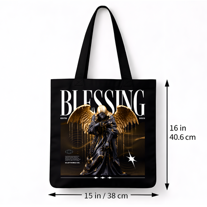 Tote bag noir Blessing Angel – ange doré coton épais