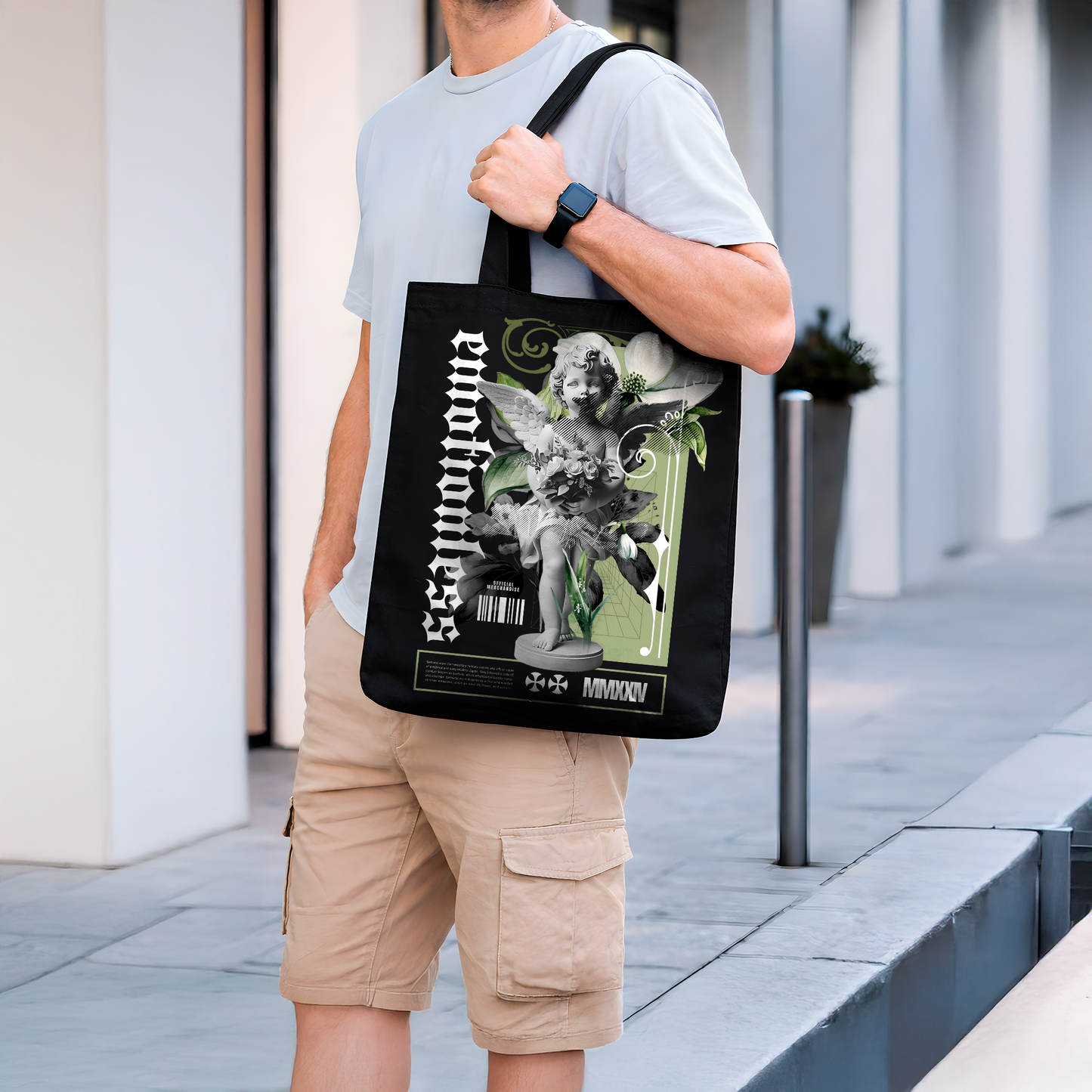 Sac tote bag noir artistique Ange floral