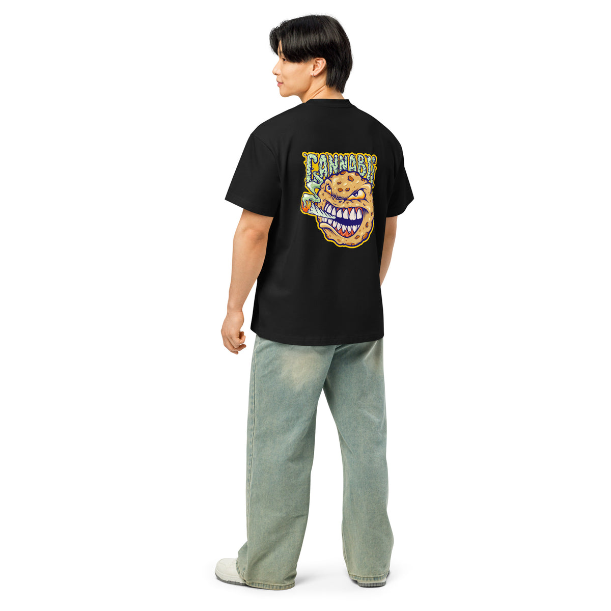 T-shirt boxy homme noir dos - grand imprimé personnage cannabis graffiti au dos