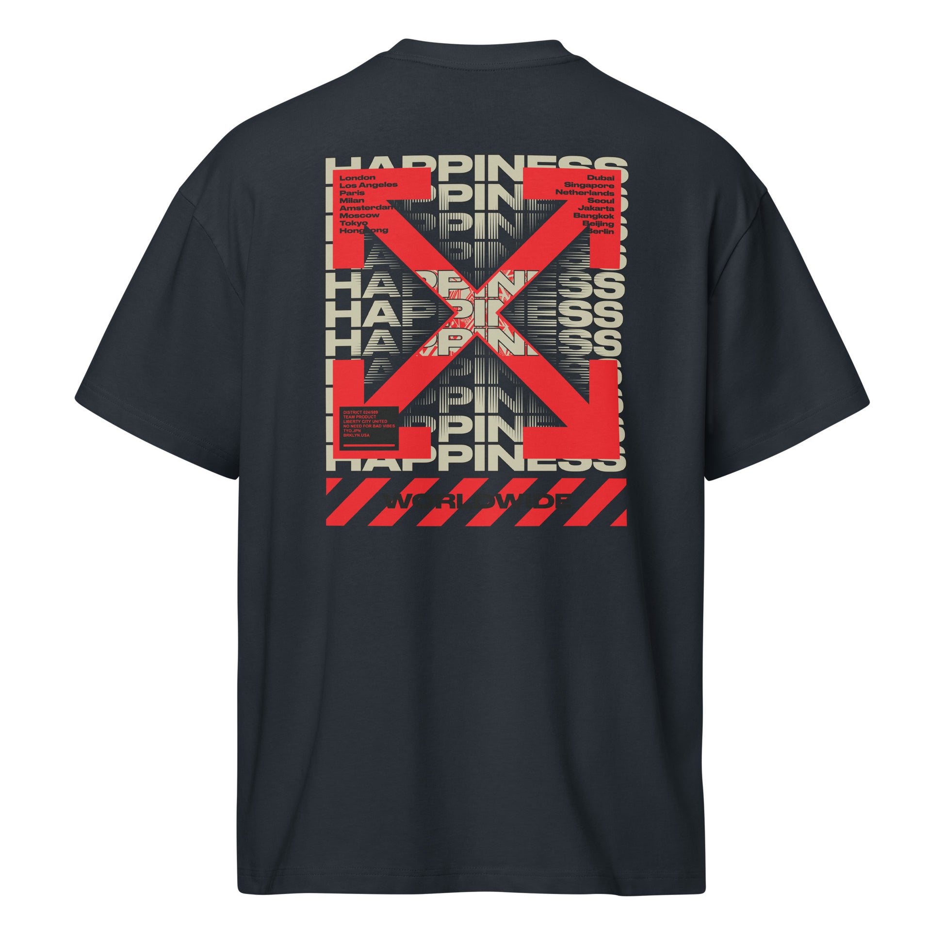 T-shirt Happiness Worldwide bleu marine dos - grand imprimé