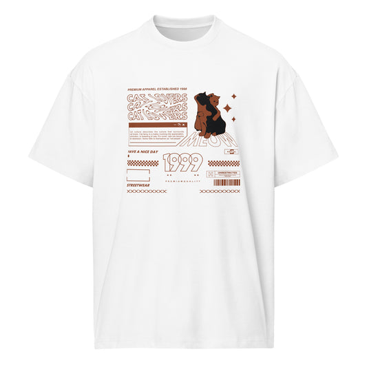 T-shirt boxy Cat Lovers 1999 blanc face - illustration chat terracotta streetwear