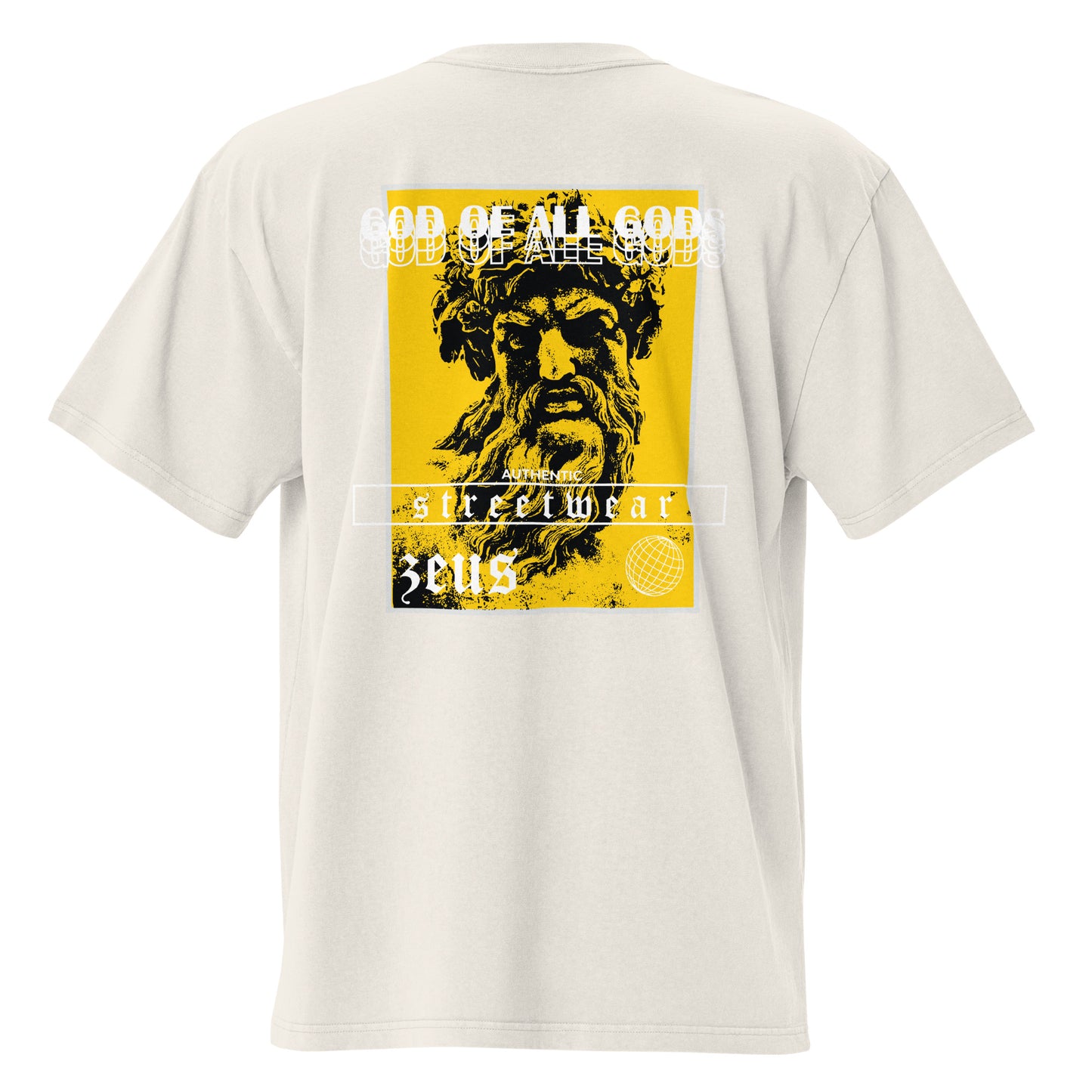 T-shirt oversize délavé Zeus God of All Gods Ivoire Délavé vue de dos - grand imprimé dieu grec au dos