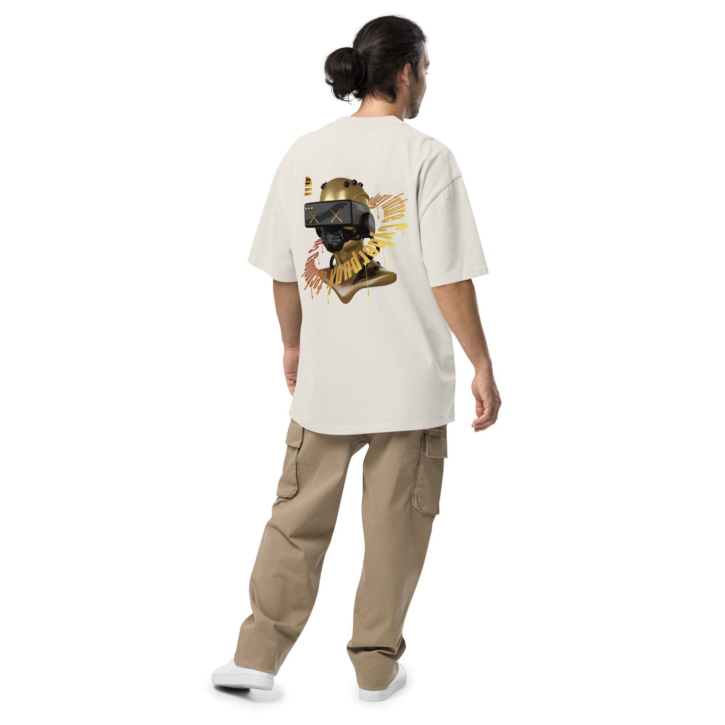 T-shirt oversize délavé Robot Wifi ivoire délavé dos - grand robot doré aux lunettes VR