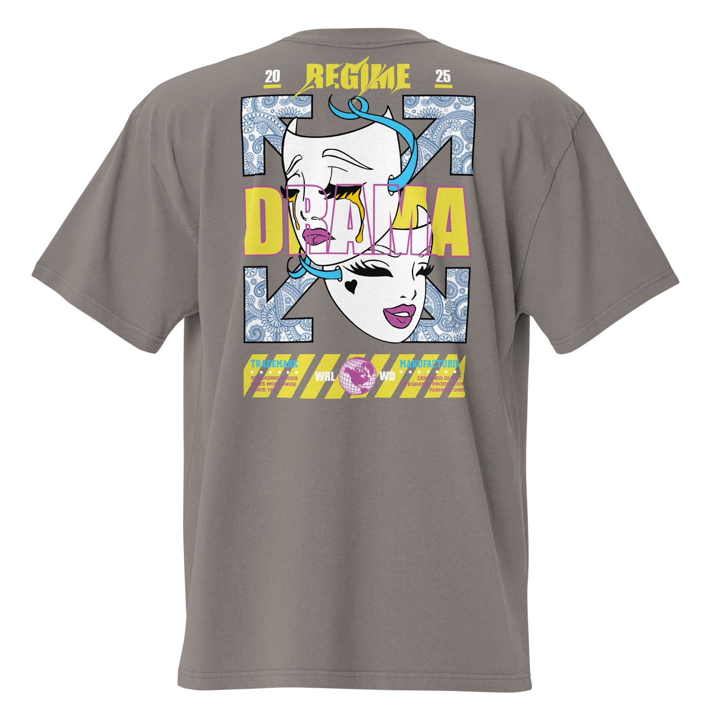 T-shirt oversize délavé Drama Regime Gris Délavé vue de dos - grand imprimé pop art au dos