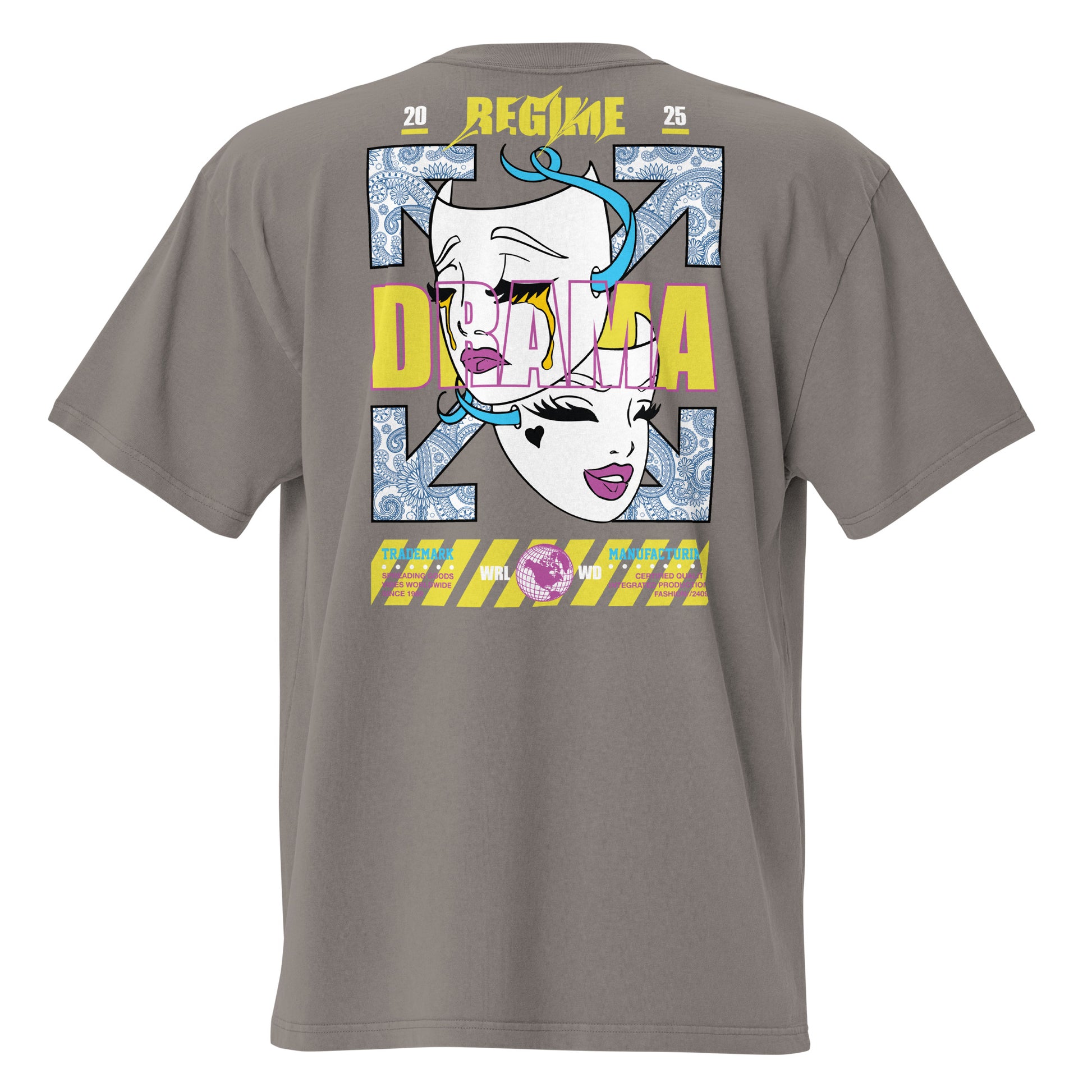 T-shirt oversize délavé Drama Regime Gris Délavé vue de dos - grand imprimé pop art au dos