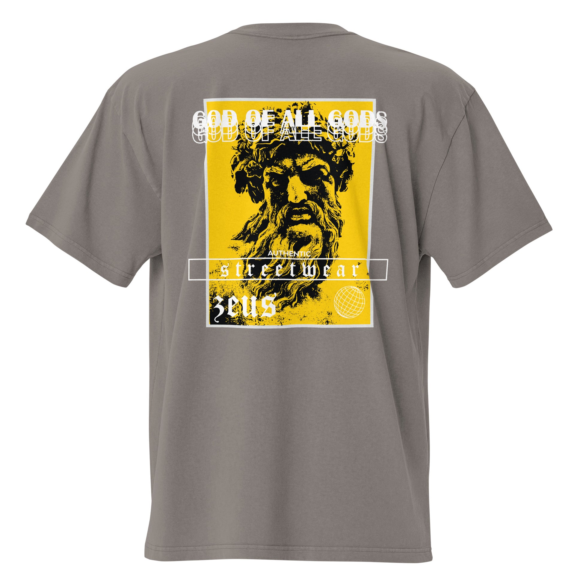 T-shirt oversize délavé Zeus God of All Gods Gris Délavé vue de dos - grand imprimé dieu grec au dos