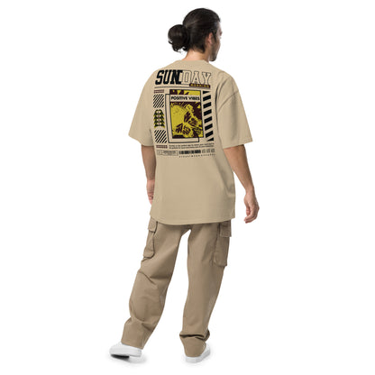 T-shirt oversize Sunday Morning Kaki Délavé dos - grand imprimé Sunday Morning Positive Vibes