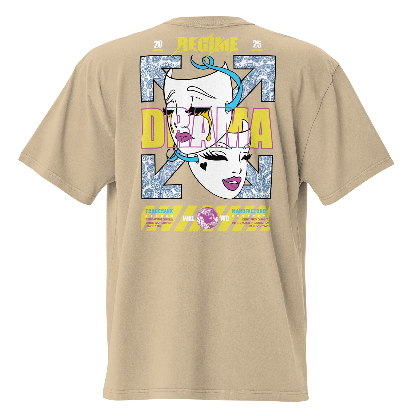 T-shirt oversize délavé Drama Regime Kaki Délavé vue de dos - grand imprimé pop art au dos