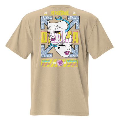 T-shirt oversize délavé Drama Regime Kaki Délavé vue de dos - grand imprimé pop art au dos